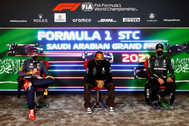 2021年F1第21戦サウジアラビアGPレース後会見 優勝ルイス・ハミルトン(メルセデス)、2位マックス・フェルスタッペン(レッドブル・ホンダ)、3位バルテリ・ボッタス(メルセデス)