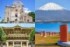 左上から時計回りに「原爆ドーム」「富士山」「飛鳥・藤原の宮都」「日光東照宮」