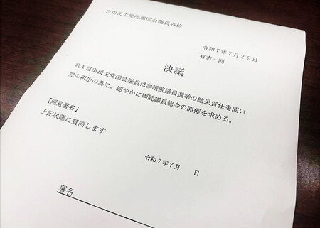 自民党の有志による両院議員総会開催を要求する決議文=25日、国会内