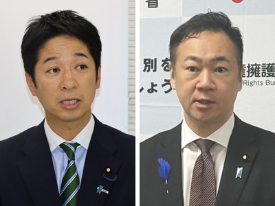 日本維新の会の藤田文武共同代表(写真左)と鈴木馨祐法相
