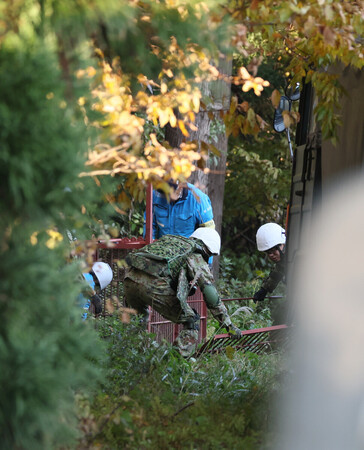 箱わなを置く陸自隊員ら=5日午後、秋田県鹿角市