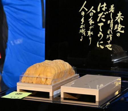 東京・豊洲市場の初競りで、史上最高値となる1枚(約400グラム)3500万円の値が付いた北海道産のウニ=5日午前、東京都江東区