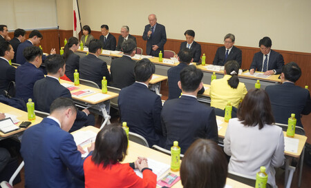 新人議員研修会であいさつする自民党の鈴木俊一幹事長(奥中央)=17日午後、東京・永田町の同党本部