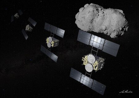 小惑星「トリフネ」を通過観測(フライバイ)する探査機「はやぶさ2」の想像図(JAXA提供、(C)池下章裕氏)